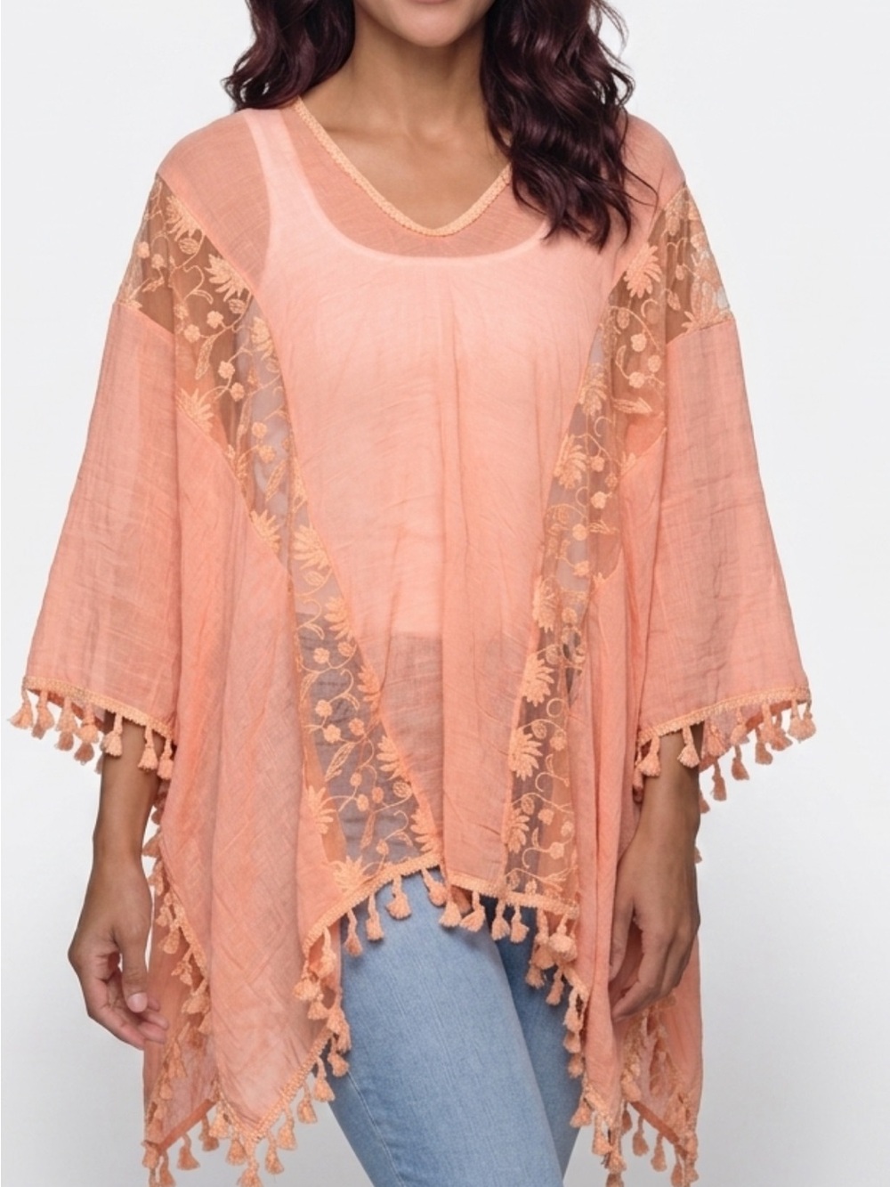 Pretty Angel Peach Lace-Trim Tassel Swim Coverup